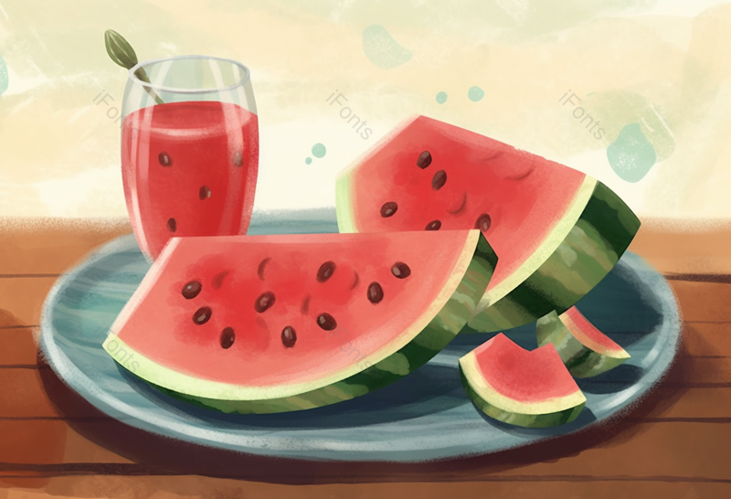 夏日里冰凉解暑的西瓜放在桌面上创意插画设计素材,插画/手绘图,插画/手绘图库,插画/手绘图下载,插画/手绘